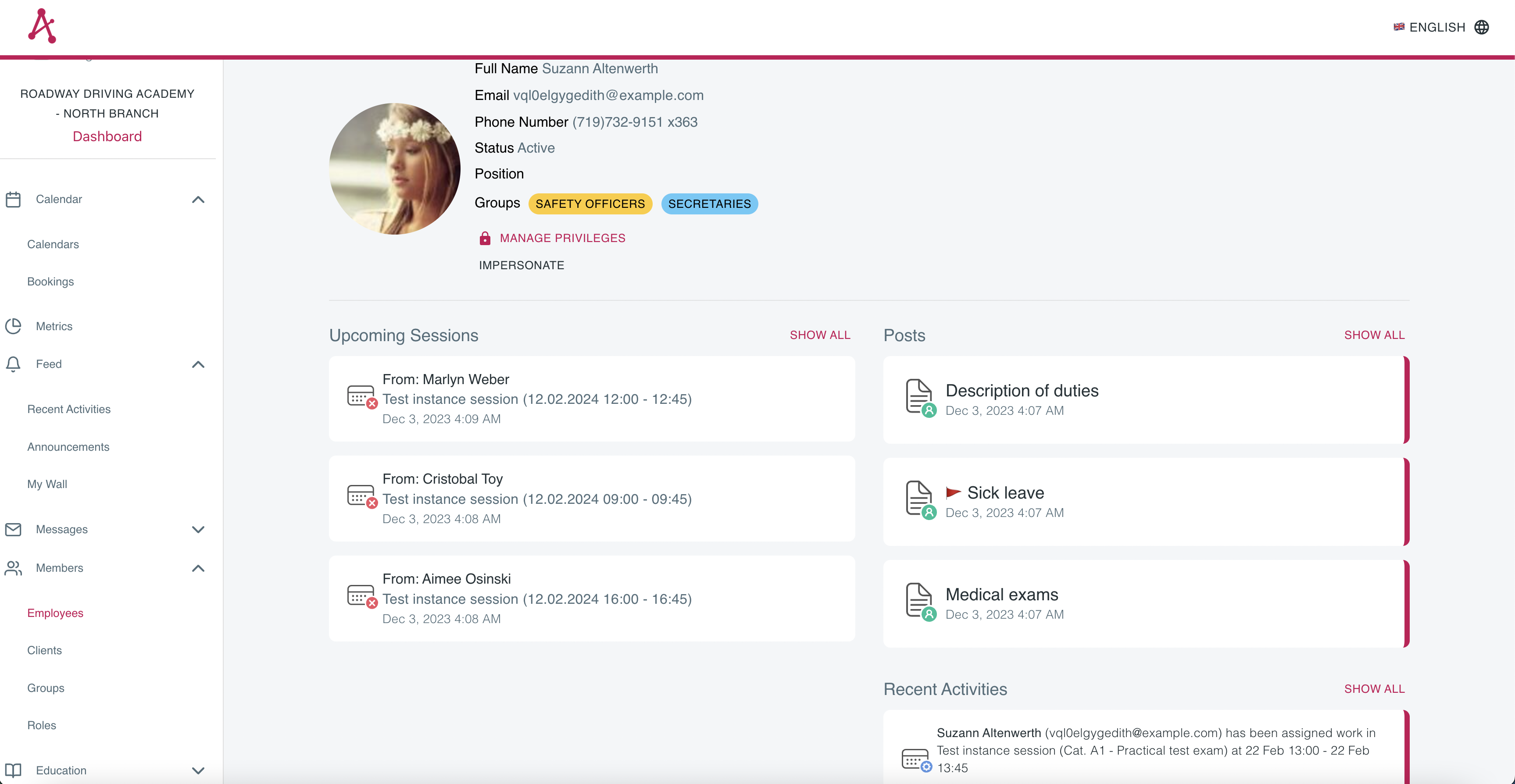 Employee profile with personal data, upcoming sessions, posts, and edit privilege button