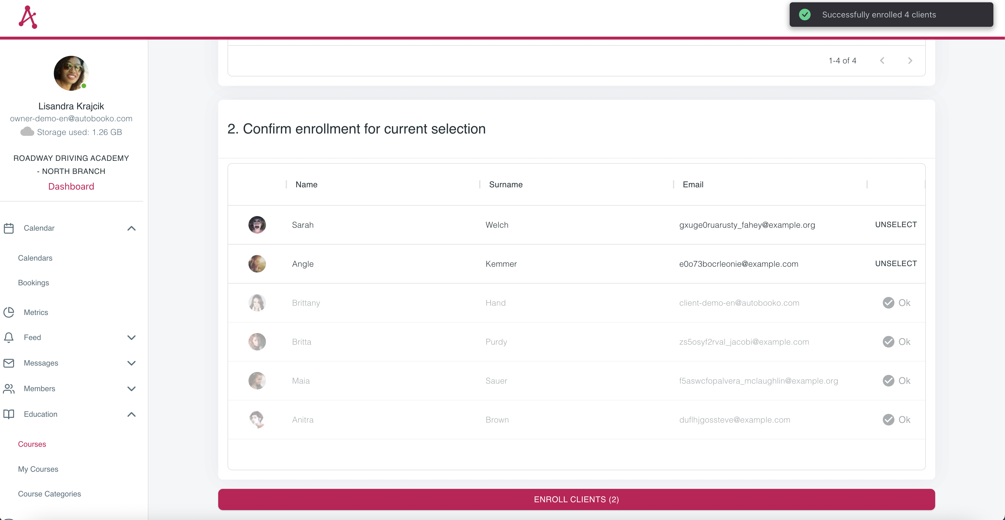 List of clients selected to be assigned to a course