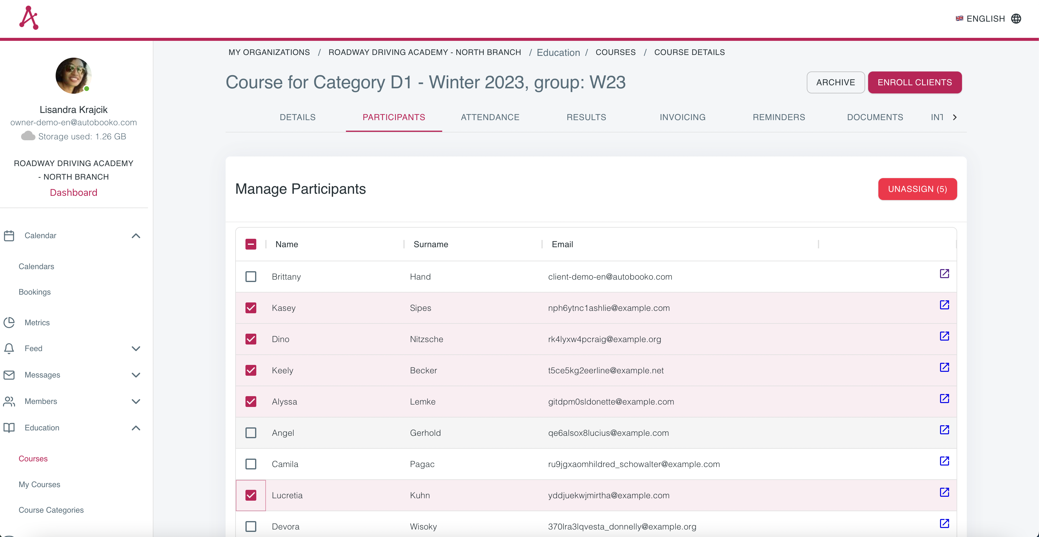 List of course participants selected to be removed from a course
